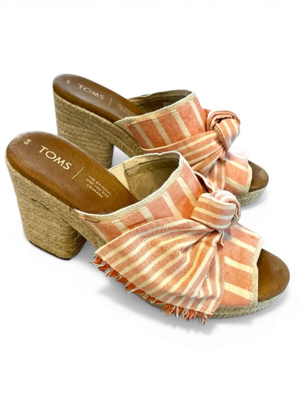 Toms Junie Canvas Espadrille Slide Peep Toe Heel Orange Cabana Stripe Size 8
